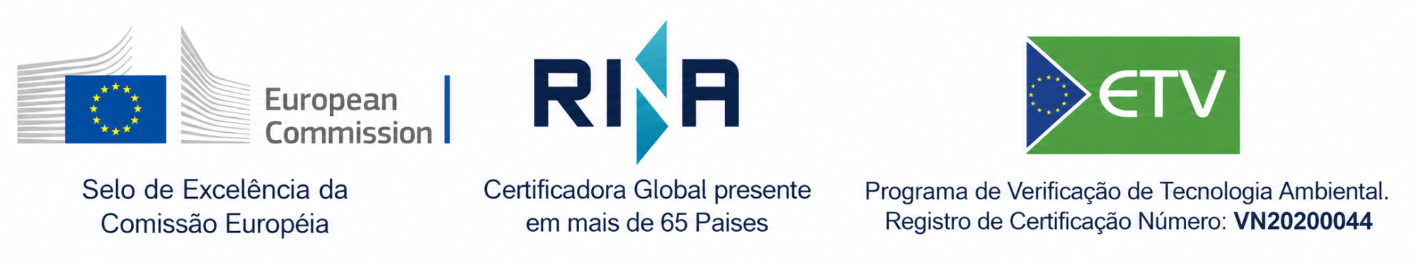 Certificações: European Commission, RINA e ETV (Programa de Verificação de Tecnologia Ambiental — Registro VN20200044)